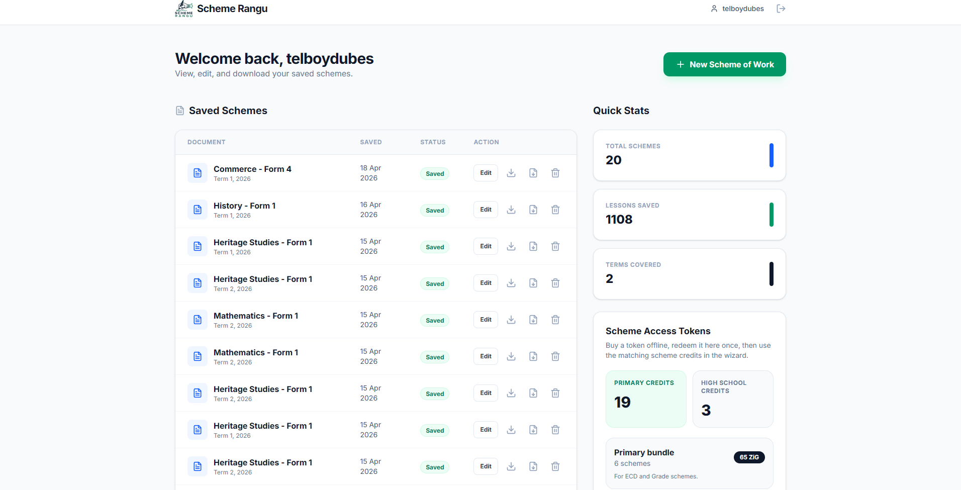 Scheme Rangu teacher dashboard with saved planning work